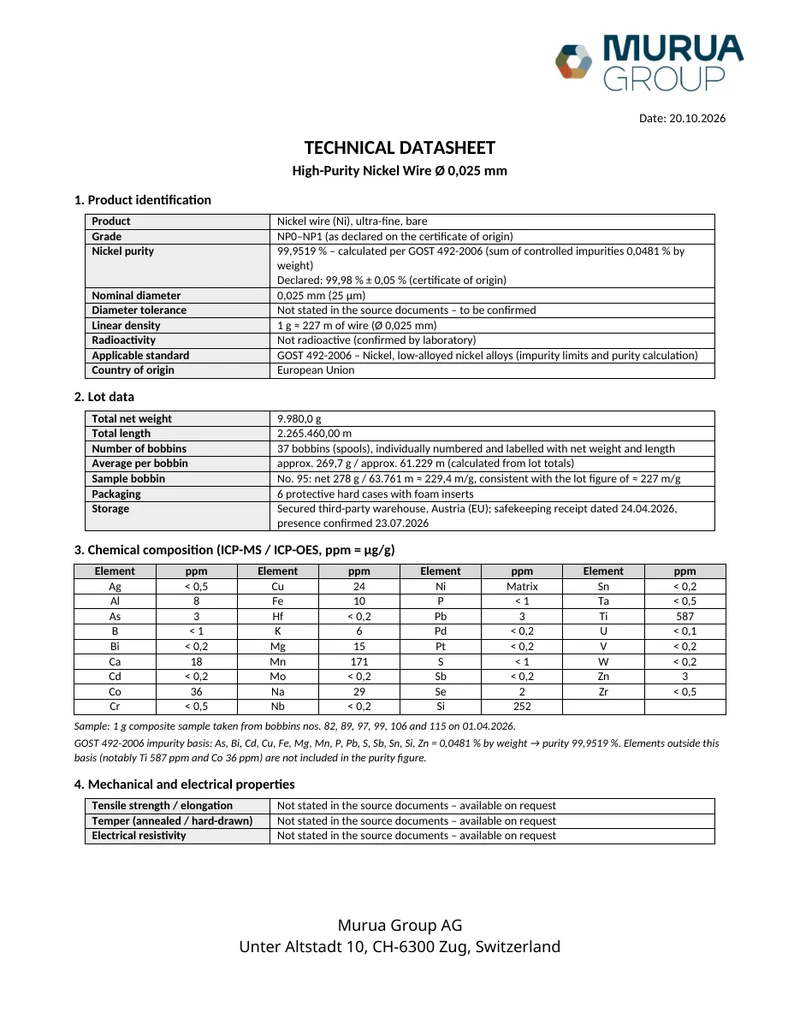 Technical datasheet page 1: nickel wire specifications, lot data and chemical composition